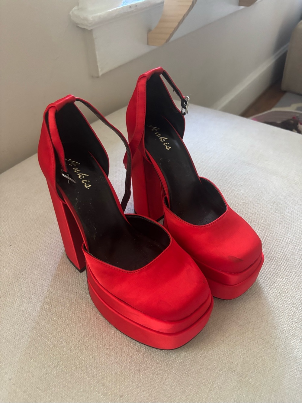 Red Satin Platform Ankle-Strap Heels